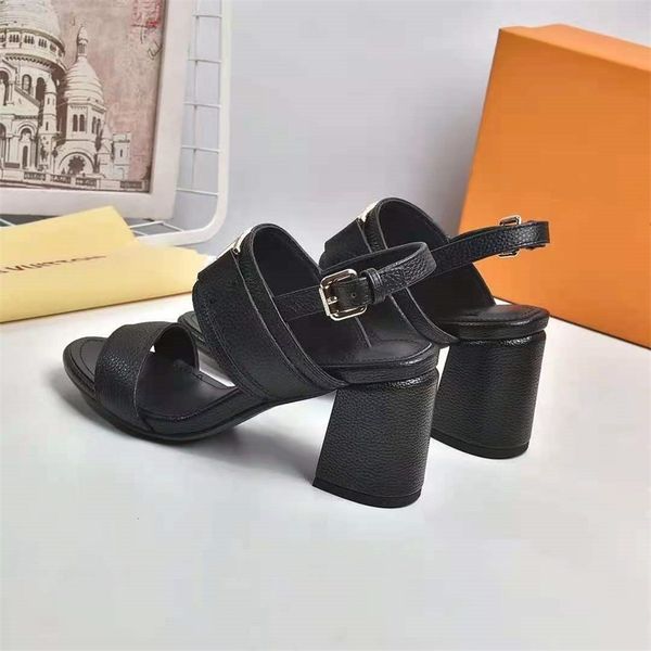 

women genuine leather woman metal party dress shoes high heels belt buckle lady sandals size 35-41, Black