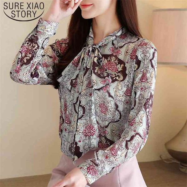 

fashion women bow korean style long sleeve print shirt loose chiffon blouse office lady clothes blusas 8401 50 210506, White