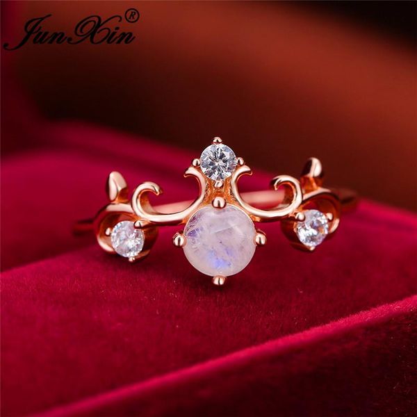 

wedding rings female queen crown ring round moonstone for women white gold filled bands zircon engagement finger jewelry, Slivery;golden