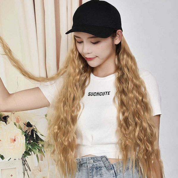 

mengfei integrated head big wave baseball cap set wig hat, Black