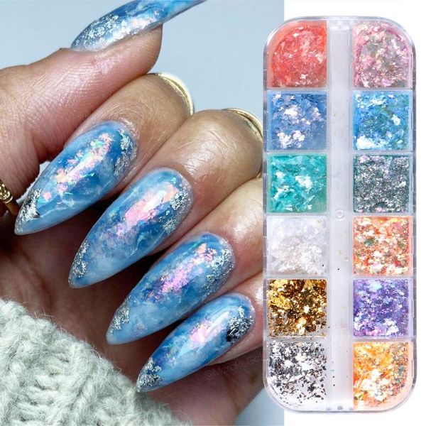

nail glitter opal flakes powder aurora iridescent pigment design sparkle sequins rub dust chrome manicure decorations globw, Silver;gold