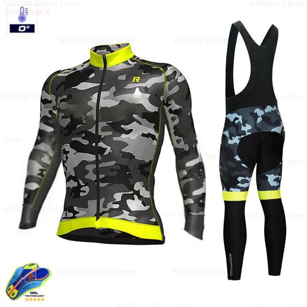

racing sets 2022 raudax sports team camouflage winter thermal fleece cycling clothes jerseys outdoor riding bike mtb clothing bib pants set, Black;blue