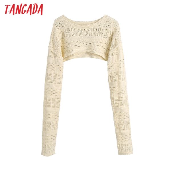 

women fashion hollow out beige cropped knitted sweater vintage o neck long sleeve female pullovers chic be558 210416, White;black