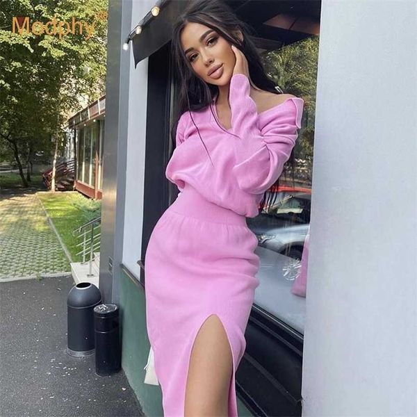 

women 2 piece set pullover sweater & high waist split long skirt casual knit sets autumn female streetwear 211109, White