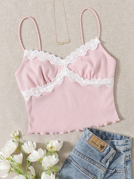 

contrast lace detail crop cami 03gp#, White