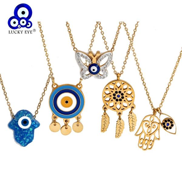 

pendant necklaces lucky eye titanium steel butterfly fatima hamsa hand necklace blue turkish evil for women girls jewelry, Silver