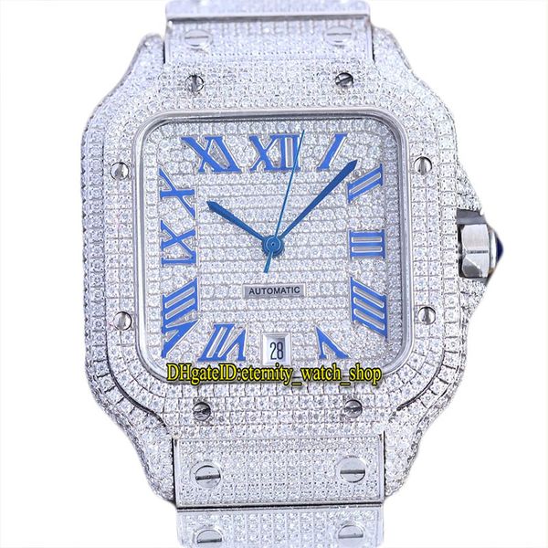 

2022 twf ss0030 paved diamonds eta a2824 automatic mens watch fully iced out diamond blue roman dial 316l stainless steel bracelet jewelry s, Slivery;brown