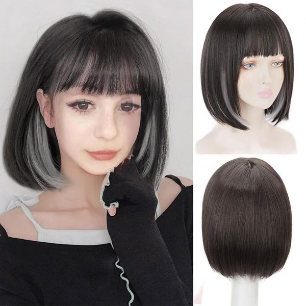 

short bob wig with bangs women's heat-resistant synthetic cosplay party lolita wigs, Black