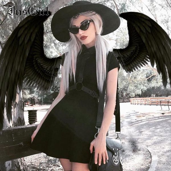 

casual dresses insgirl dark gothic collar party dress women street punk mall goth short sleeve high waist with belt a-line clubwear, Black;gray