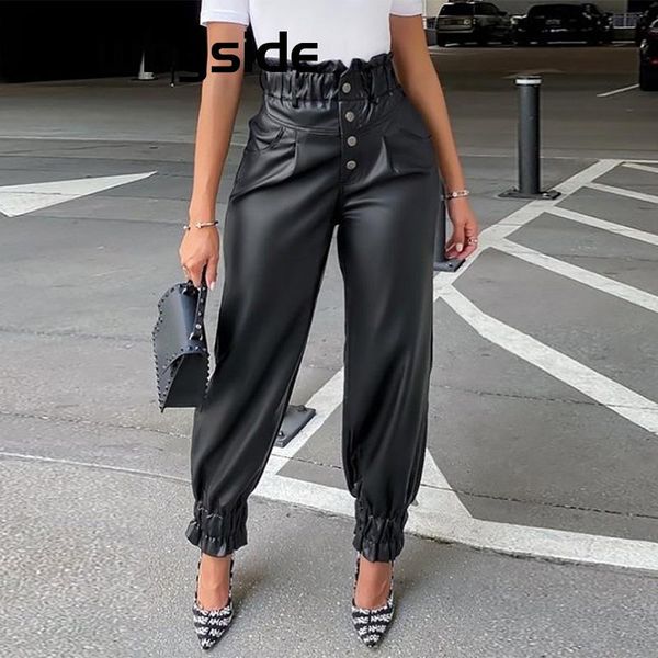 

women's pants & capris pu leather shirring detail high waist, Black;white