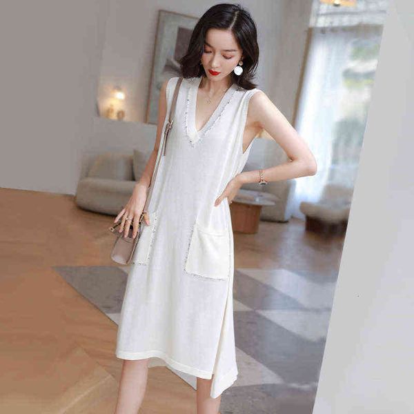 

casual dresses 2022 summer women's v-neck low cht skirt beaded loose vt medium length bottomed skirt thin, Black;gray