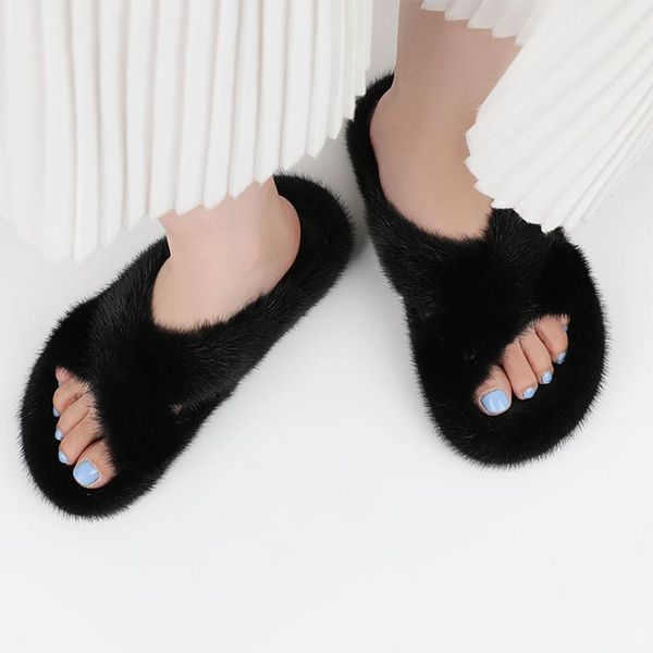 

slippers 100% fluffy for women warm and soft to put on cross tie flat heel, Black