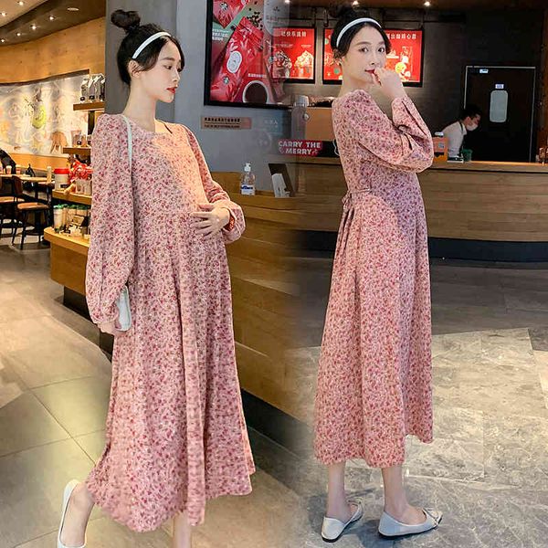 

dresses 701# spring floral printed corduroy maternity party dress long sleeve loose clothes for pregnant women chic pregnancy, Black;gray