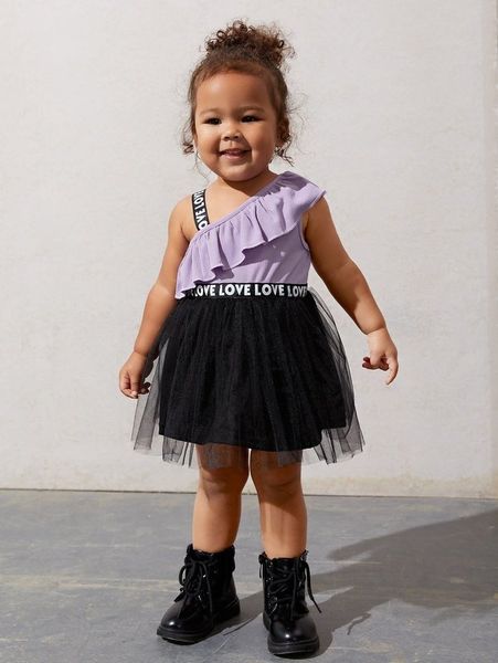 

baby letter tape asymmetric neck ruffle trim mesh overlay dress she, Red;yellow