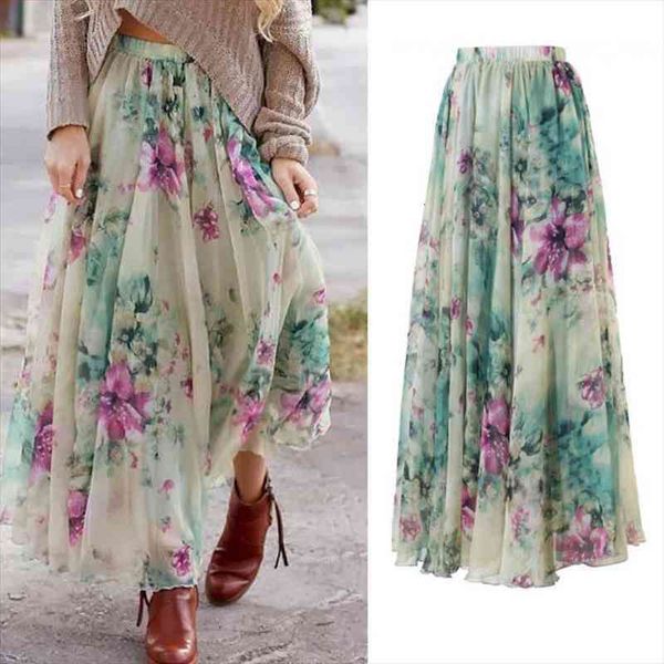 

summer women chiffon floral high waist maxi skirt green flared pleated long skirt casual beach, Black