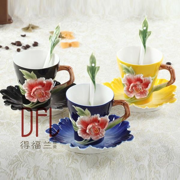 

mugs enamel painted coffee cups bone china peony hand-carved mug with saucers scoop creativity marriage birthday gift valentine's day