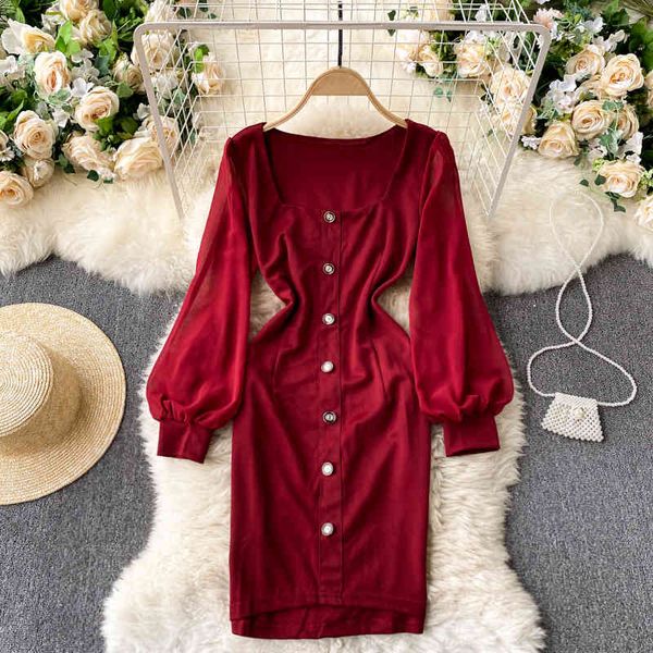 

singreiny women elegant solid dress retro square collar puff sleeve button slim dresses autumn chic streetwear short dress 210419, Black;gray