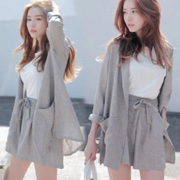 

women's polos sets cotton linen two pieces plus size thin loose long sleeve shirt and shorts women set outfits 2021 summer casual, White