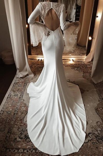 Splendidi abiti da sposa a sirena maniche lunghe applicazioni in pizzo Abiti da sposa taglie forti Abiti da matrimonio sexy senza schienale Sweep Train Boho Beach Robe De Mari￩e