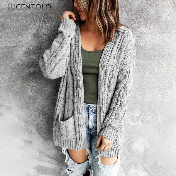 

women's knits & tees knitted sweater women twist solid long sleeve atuumn loose female casual simple pocket cardigan sweaters lugentolo, White