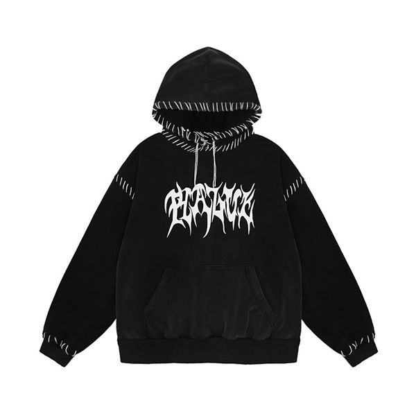 

hand sewn letter printed for men's wear dark high street trendy loose hoodie, Black