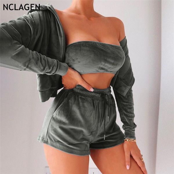 

women's tracksuits nclagen 2021 fashion 3 pieces set strapless tube casual shorts zip up outerwear hooded crop sweatshirts women, Gray