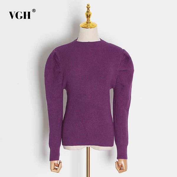 

vgh black slim sweater for women o neck puff long sleeve minimalist solid basic knitted pullovers female fashionable new clothes 210421, White;black