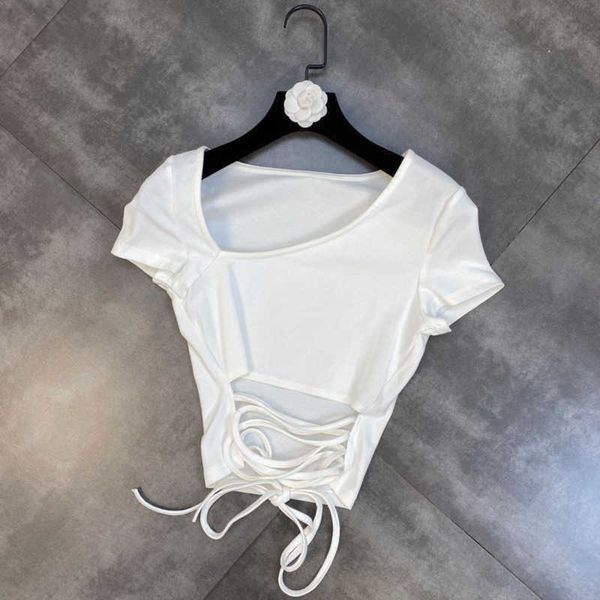 

fabpop summer design short sleeve irregular collar white bandage hollow out dew navel t shirt slim crop gb671 210709