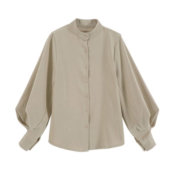 

puff sleeve long mandarin collar solid khaki brown shirt b0148 210514, White