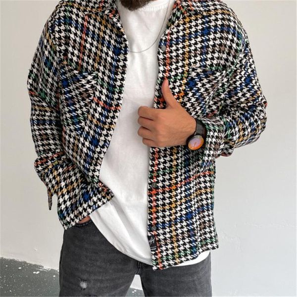 

men's jackets 2021 men autumn winter loose casual outerwear for male turn-down collar buttoned coat streetwear fashion houndstooth, Black;brown