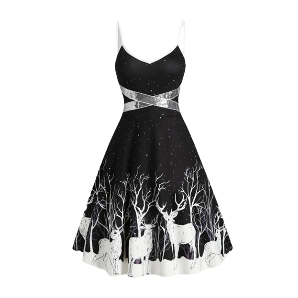 

casual dresses deer print women dress big swing spaghetti strap red europe clothing christmas style slim waist cross sequins 2021, Black;gray