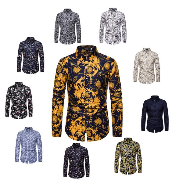 

selling european and american quality men casual shirt men's fashion printing colors long sleeve dress shirts 10 color -5xl postage, White;black