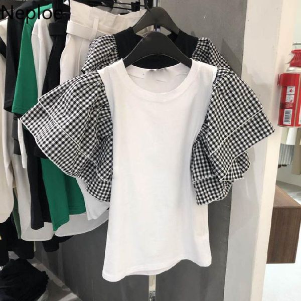 

neploe korean chic shirts for women 2021 summer patchwork contrast color tshirt o-neck butterfly sleeve casual tees mujer women's t-sh, White
