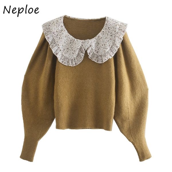 Elegante Spitze Patchwork Strickpullover Frauen Peter Pan Kragen Pullover Langarm Pull Femme Winter Outwear Sueter 210422