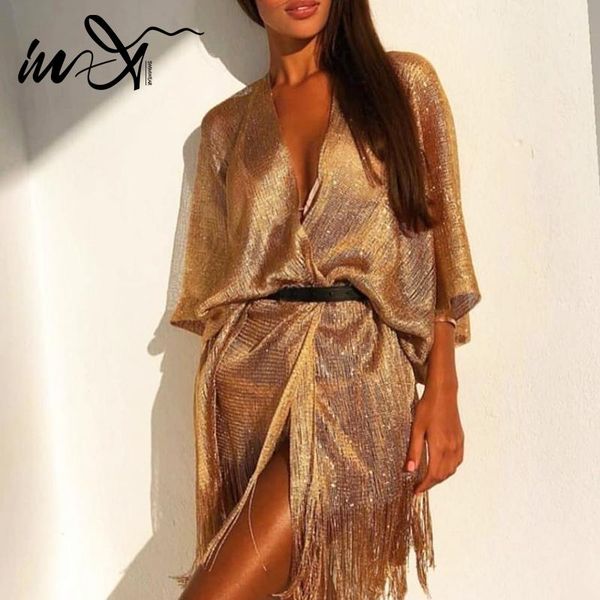 

in-x gold beach dress women kaftan long swimsuit cover ups tassel swimwear wear transparent up women's, White;black