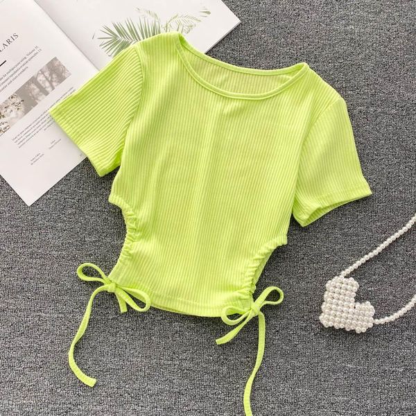 

women's t-shirt short sleeve hollow drawstring slim fit crop top, White