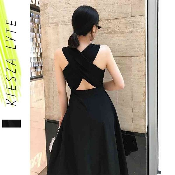

women summer dress elegant hepburn style black sleeveless back cross midi a line party dresses fashion vestidos 210701, Black;gray