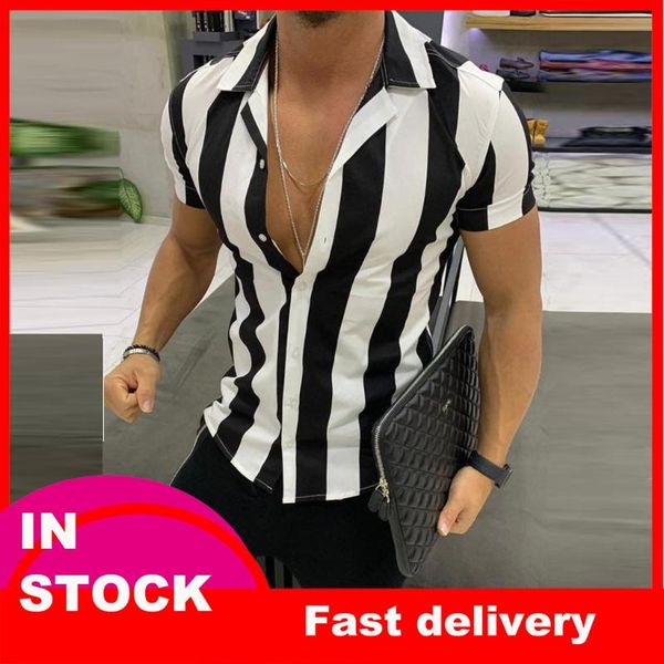 

men's casual shirts 40#men shirt striped printed splicing colorful short sleeve loose turn-down collar summer plus size, White;black