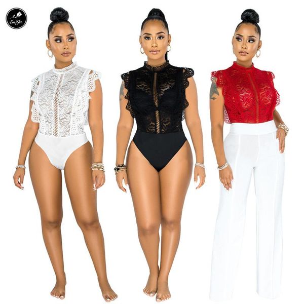 

enyu s-xxl young fashion 2021 women solid lace patchwork bodysuit sleeveless zipper hollow out ruffles bodysuits women's jumpsuits & ro, Black;white