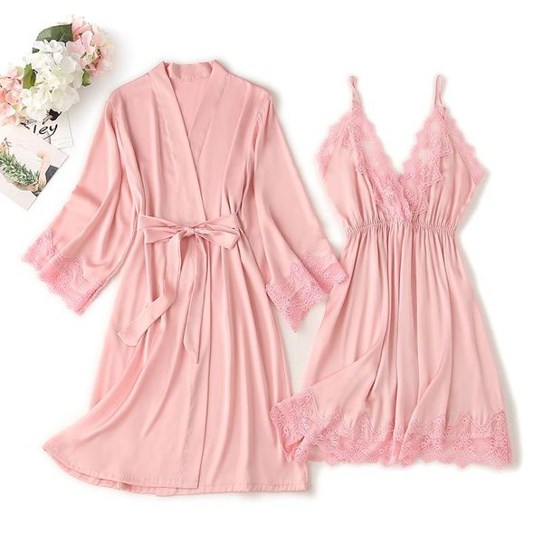 

women's sleepwear lace trim bride nighty set women kimono robe gown suit deep v-neck nightdress loose rayon bathrobe spring casual, Black;red