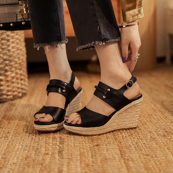 

women wedge sandals genuine leather black brown woman summer shoes 9cm