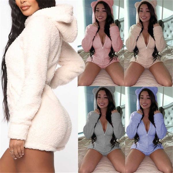 

women's jumpsuits & rompers fluffy casual solid color long sleeve shorts zipper winter autumn women cl y10e, Black;white