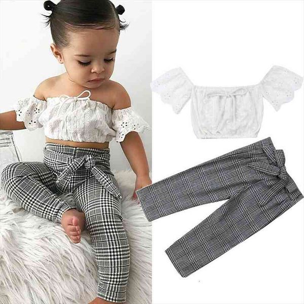 

newly toddler kids baby girl summer fashion 2pcs short sleeve off shoulder lace plaid pants leggings outfits sunsuit, White