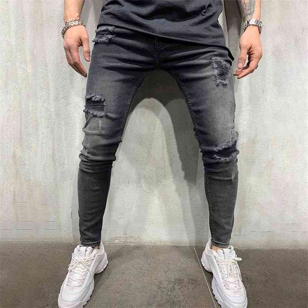 

men's knee hole elastic leg jeans new men's slim pants, Blue