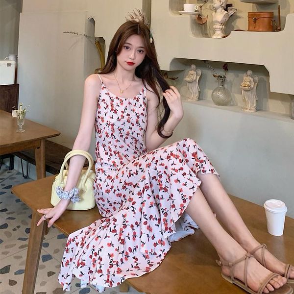 

casual dresses sling floral dress 2021 summer french retro v neck print fishtail long sleeveless high waist suspender chiffon, Black;gray