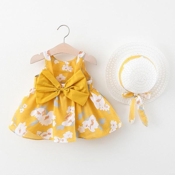 

girl's dresses summer hat set baby girls sleeveless bow printed cotton casual dress princess sundress kids clothing drop, Red;yellow