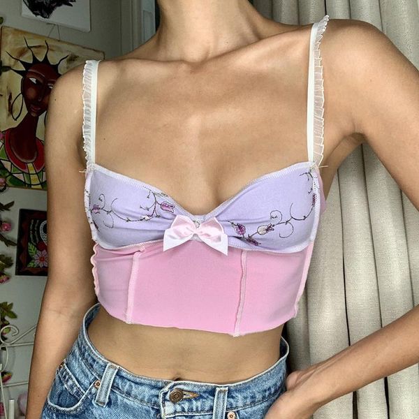

cute mini undershirt embroidery pink lace spaghetti straps summer sleeveless y2k 90s crop cami tees patchwork women's tanks & camis, White