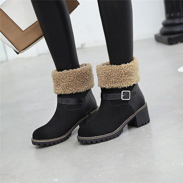 

boots fanyuan 2021 arrival women ankle buckle fashion square heels platform shoes winter keep warm snow female, Black