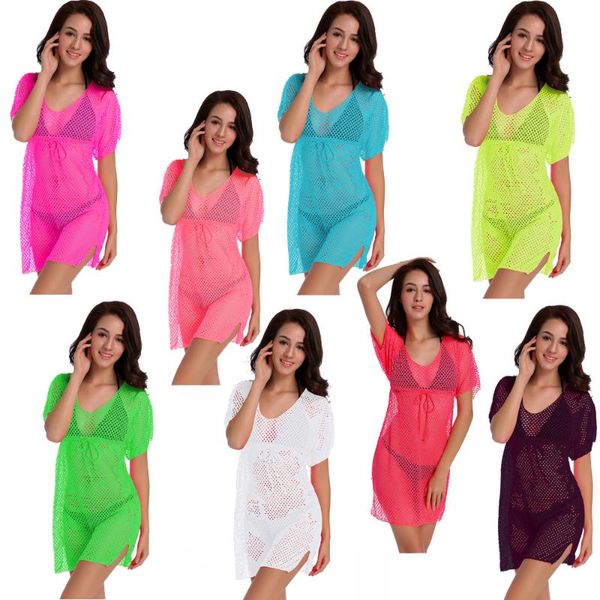 

women's swimwear seaside travel vacation beach skirt hollow candy color multicolor mesh bikini outer blouse spring swimsuit, White;black