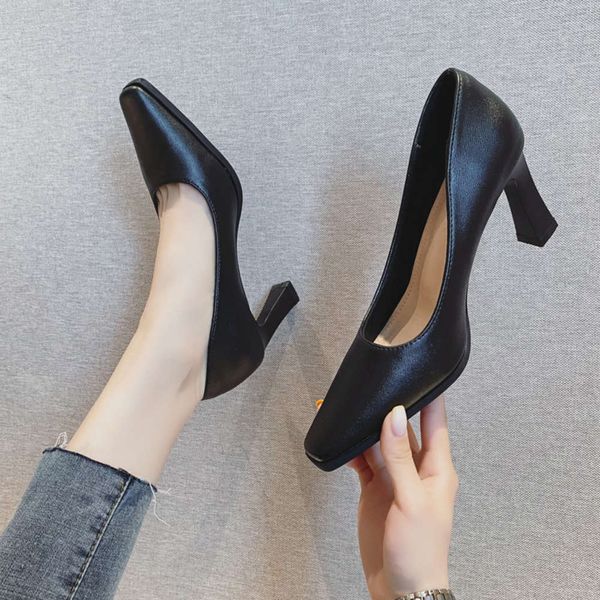 

high heels women's black square head profsional sho 7cm work thick